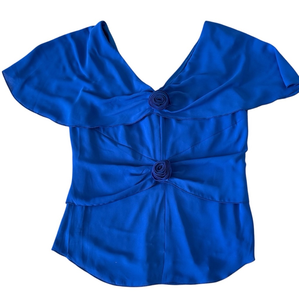 J Peterson Blue Rosette Blouse Ladies Sz-Small V-Front/Back,‎ Lined, Cape Sleeve